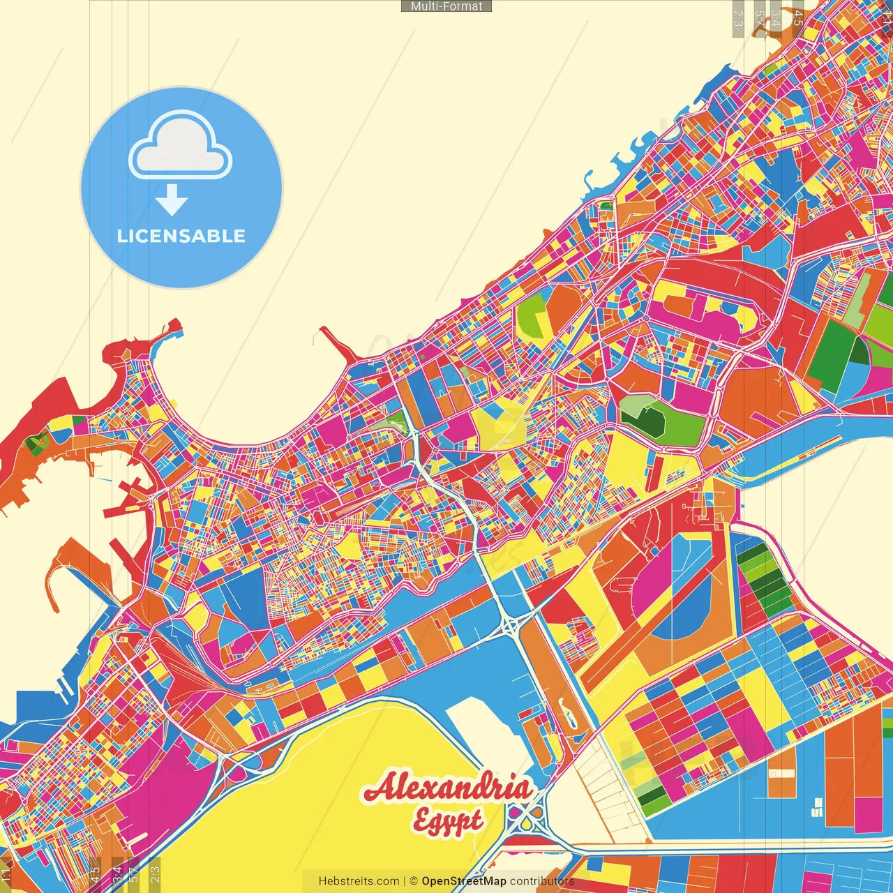 Alexandria, Egypt Crazy Colorful Street Map Poster Template