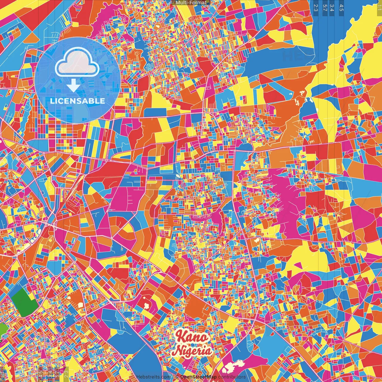 Kano, Nigeria Crazy Colorful Street Map Poster Template