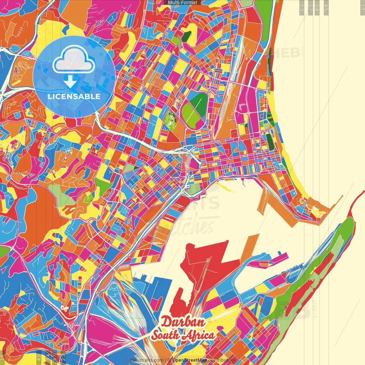 Durban, South Africa Crazy Colorful Street Map Poster Template
