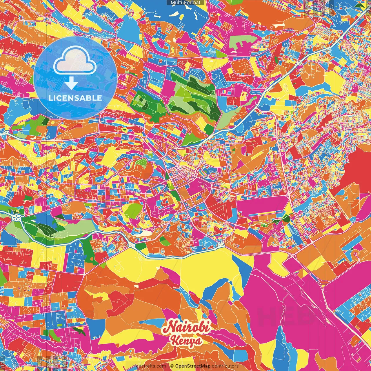 Nairobi, Kenya Crazy Colorful Street Map Poster Template