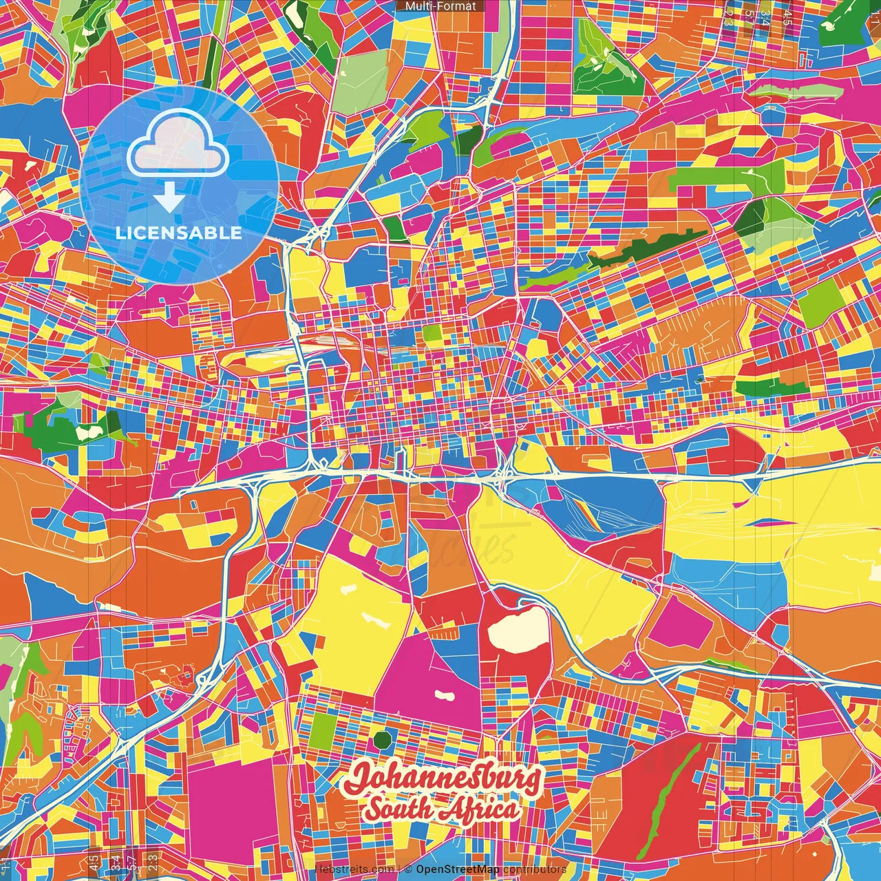 Johannesburg, South Africa Crazy Colorful Street Map Poster Template