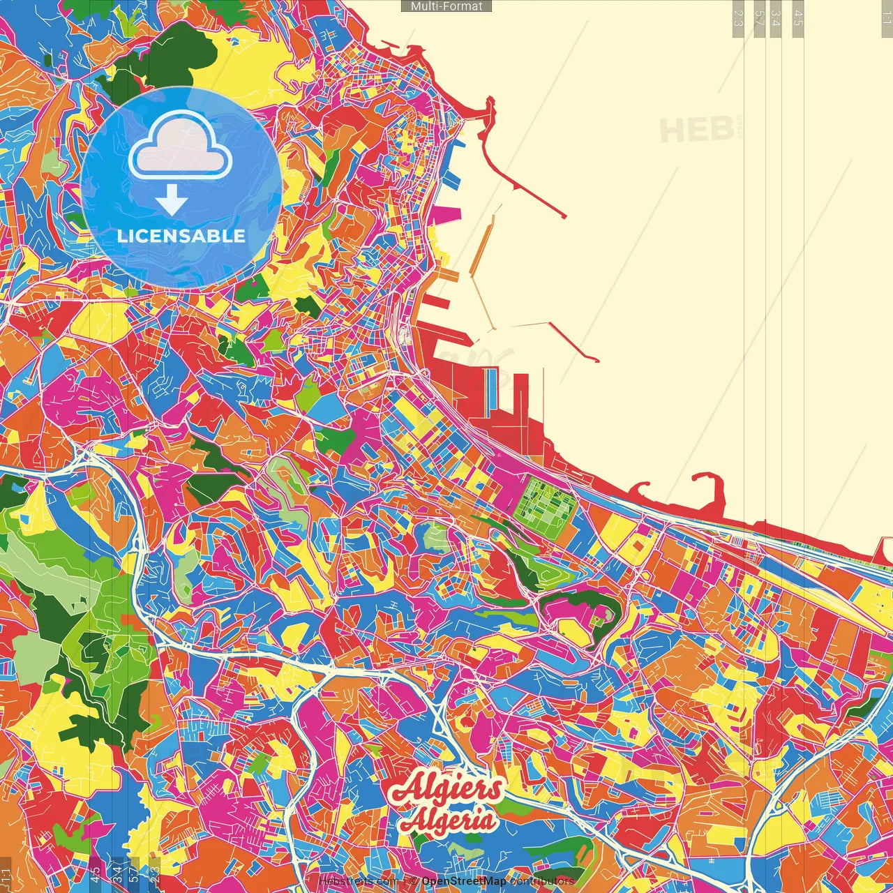 Algiers, Algeria Crazy Colorful Street Map Poster Template