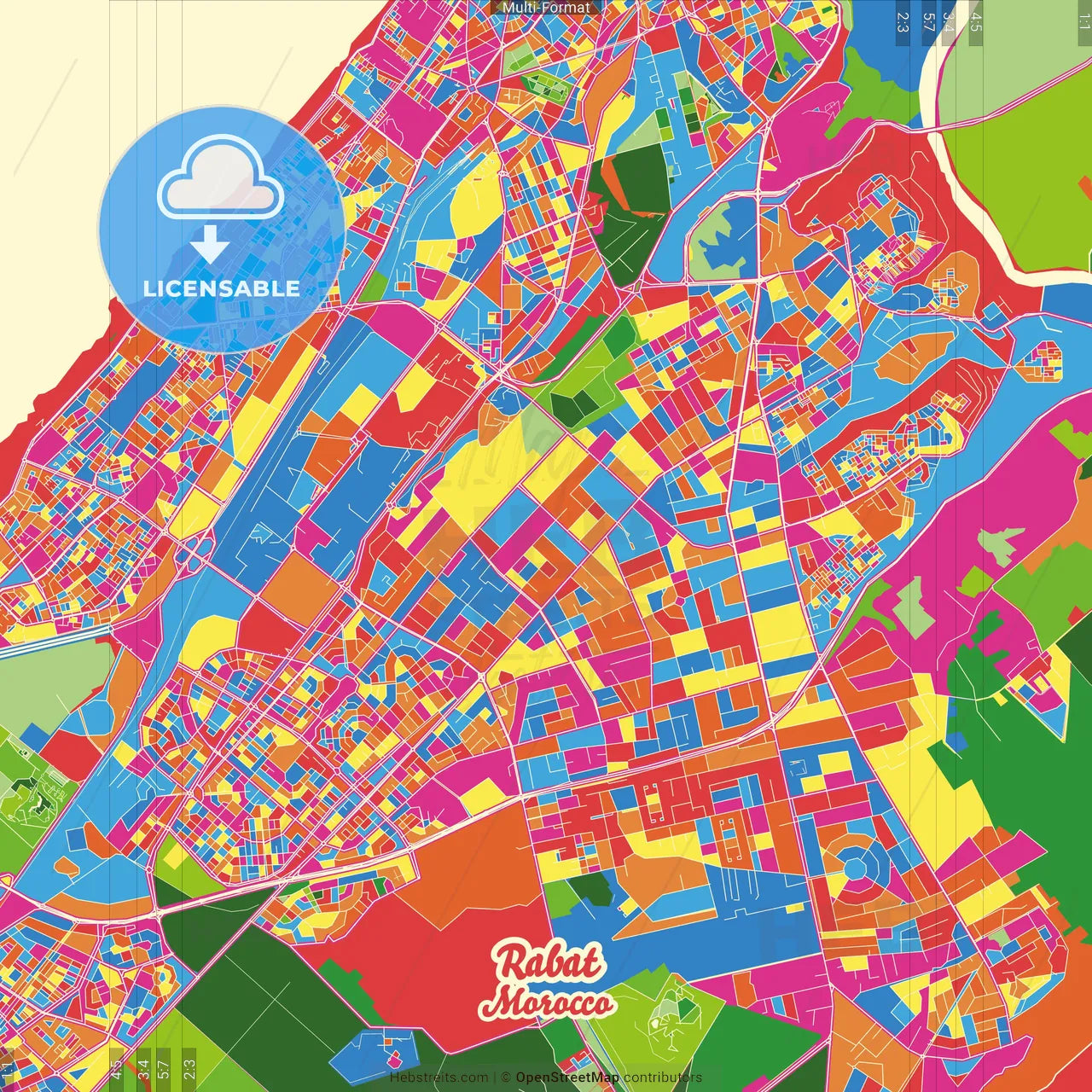 Rabat, Morocco Crazy Colorful Street Map Poster Template