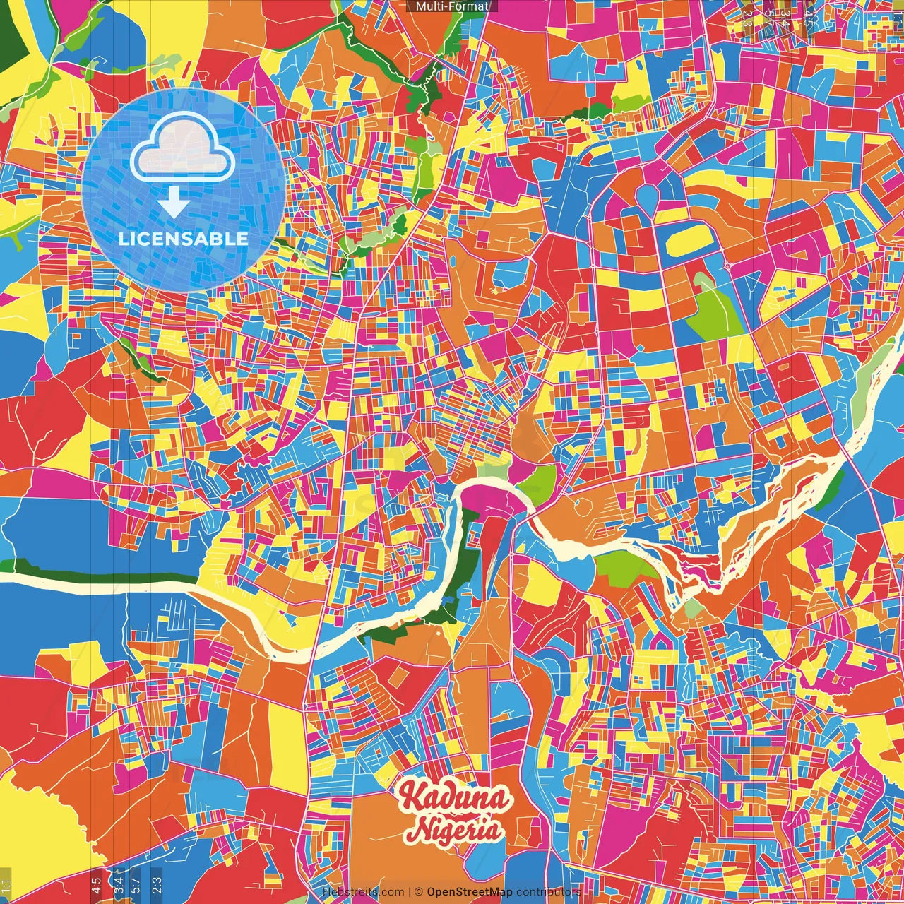 Kaduna, Nigeria Crazy Colorful Street Map Poster Template