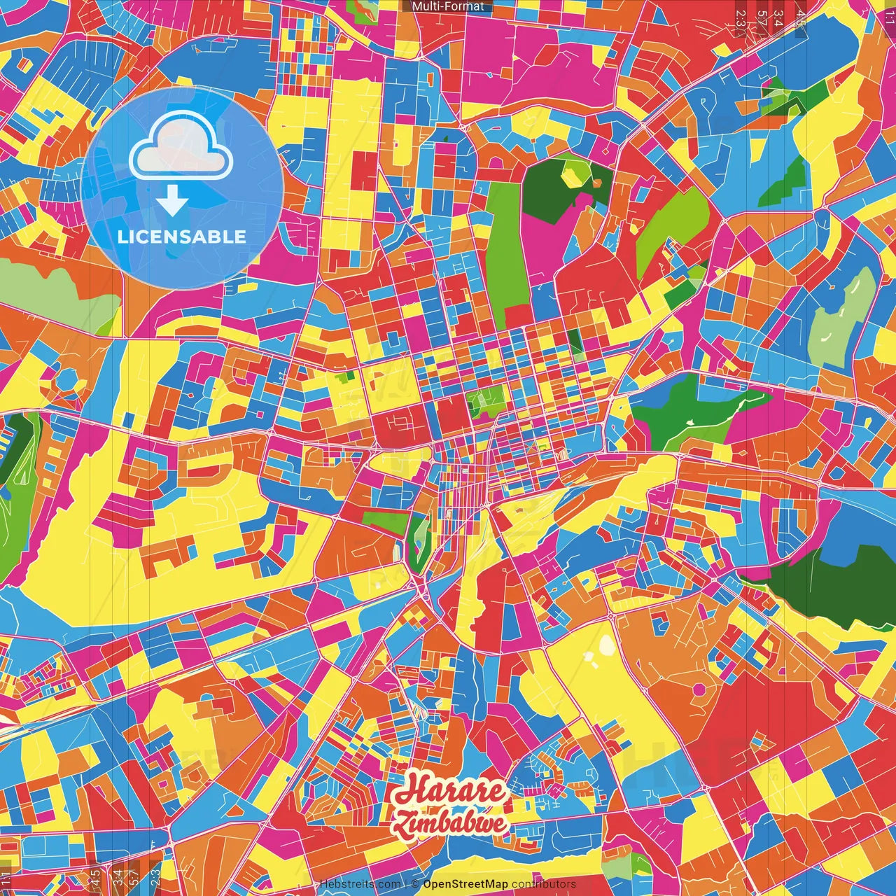 Harare, Zimbabwe Crazy Colorful Street Map Poster Template