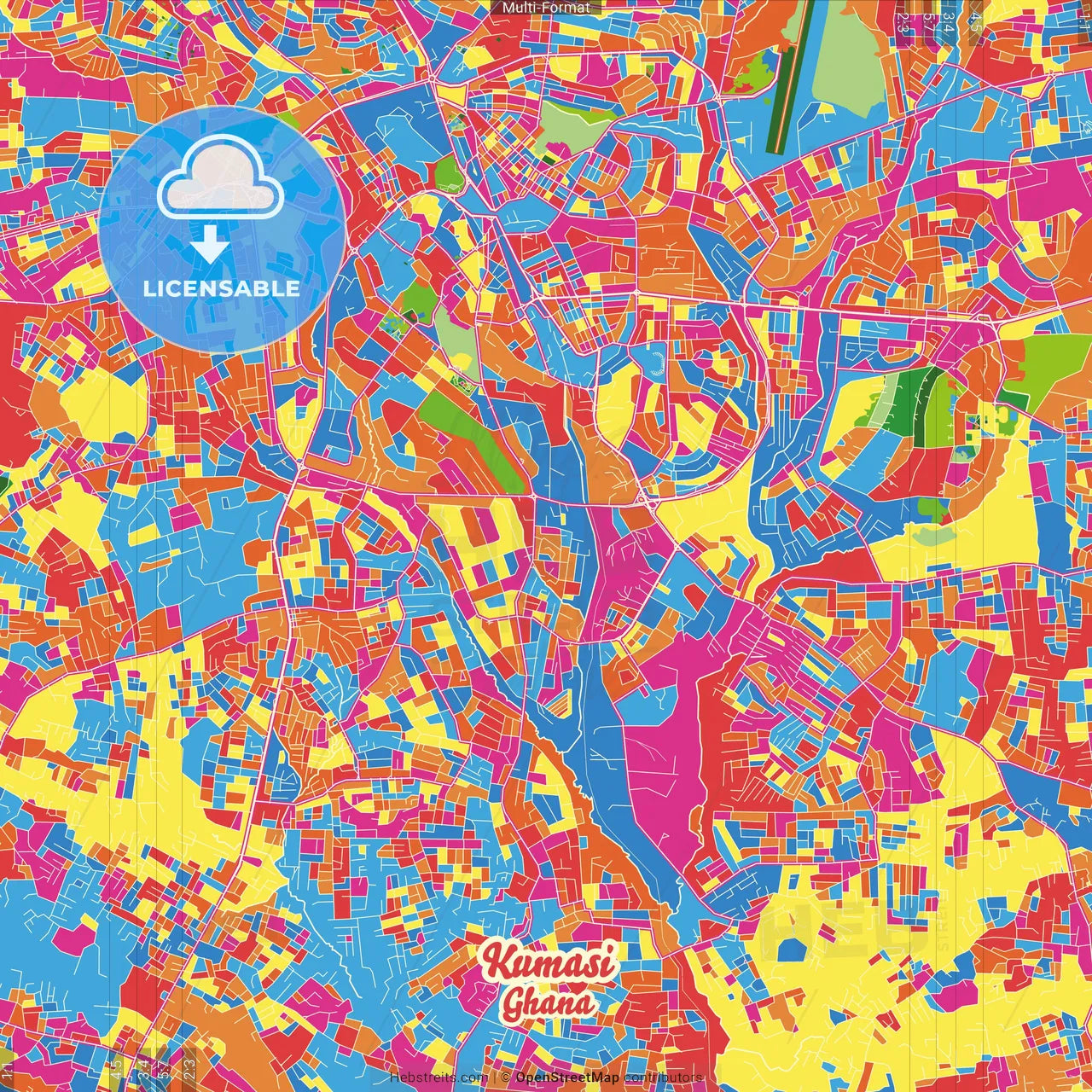 Kumasi, Ghana Crazy Colorful Street Map Poster Template