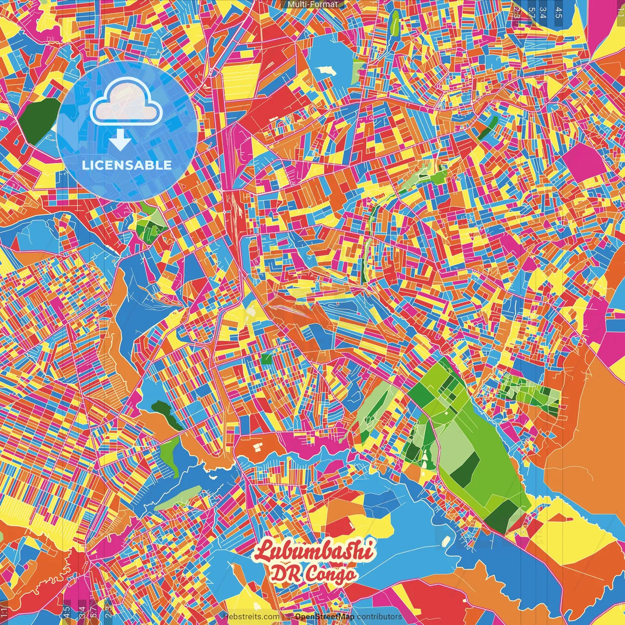 Lubumbashi, DR Congo Crazy Colorful Street Map Poster Template