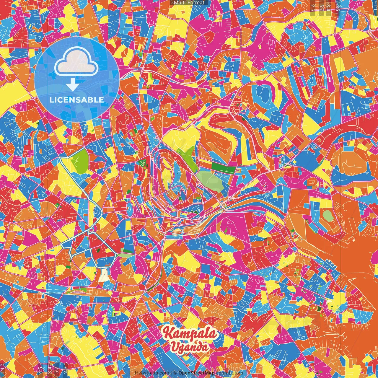 Kampala, Uganda Crazy Colorful Street Map Poster Template