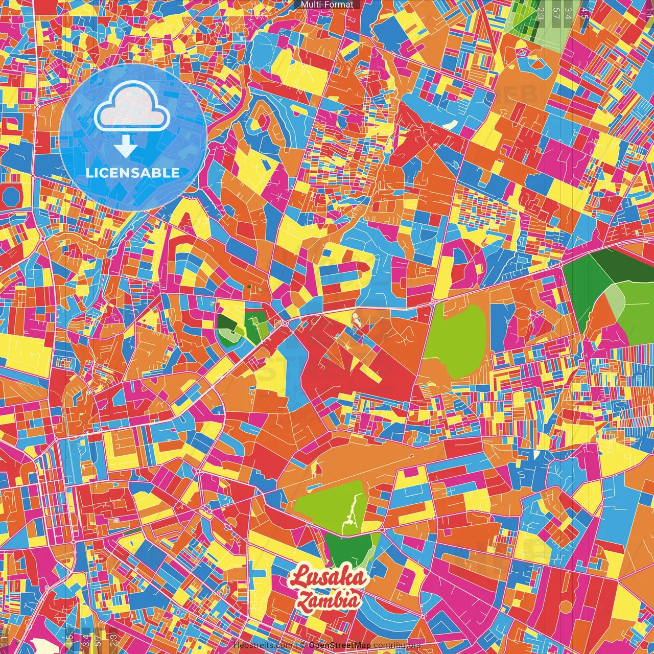 Lusaka, Zambia Crazy Colorful Street Map Poster Template