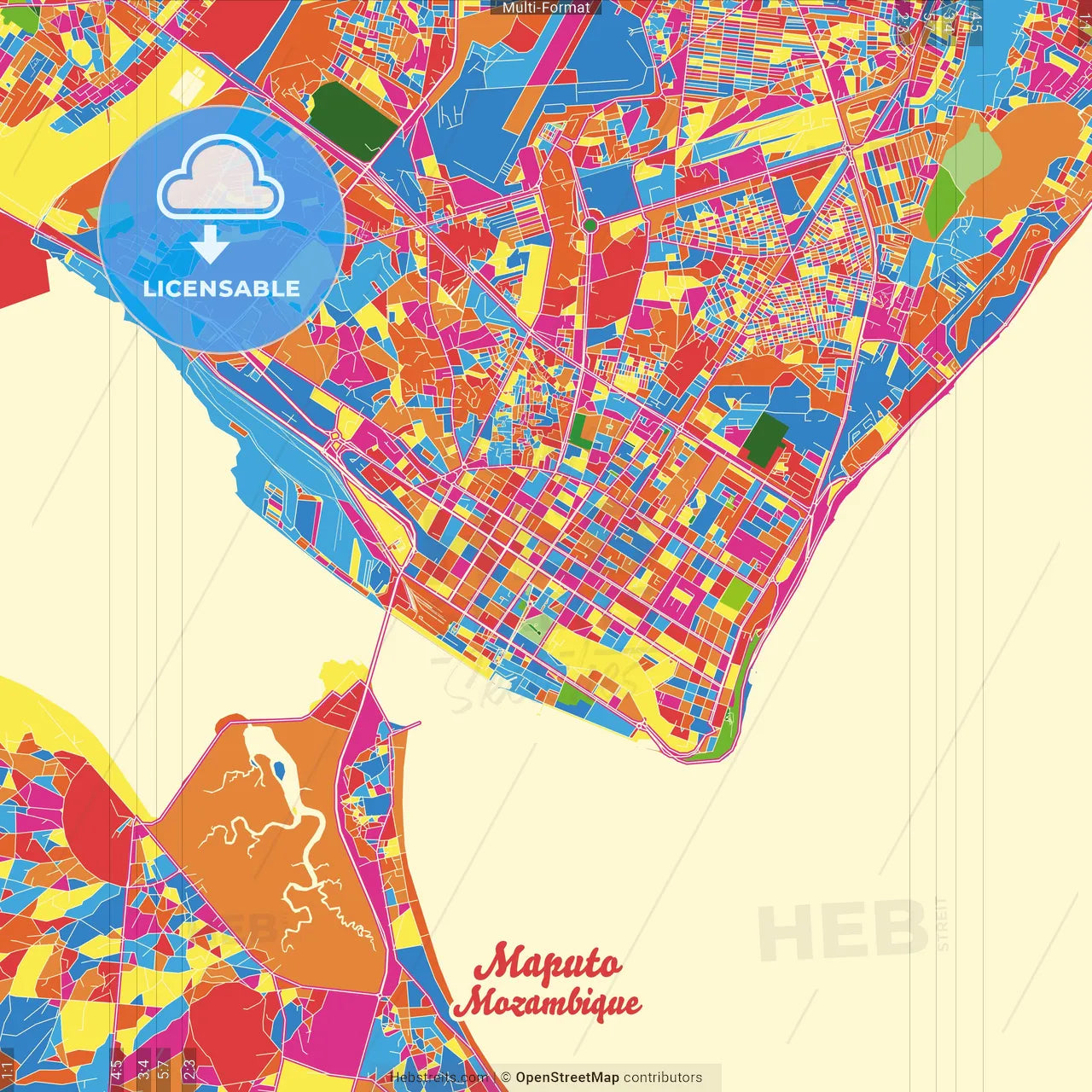 Maputo, Mozambique Crazy Colorful Street Map Poster Template