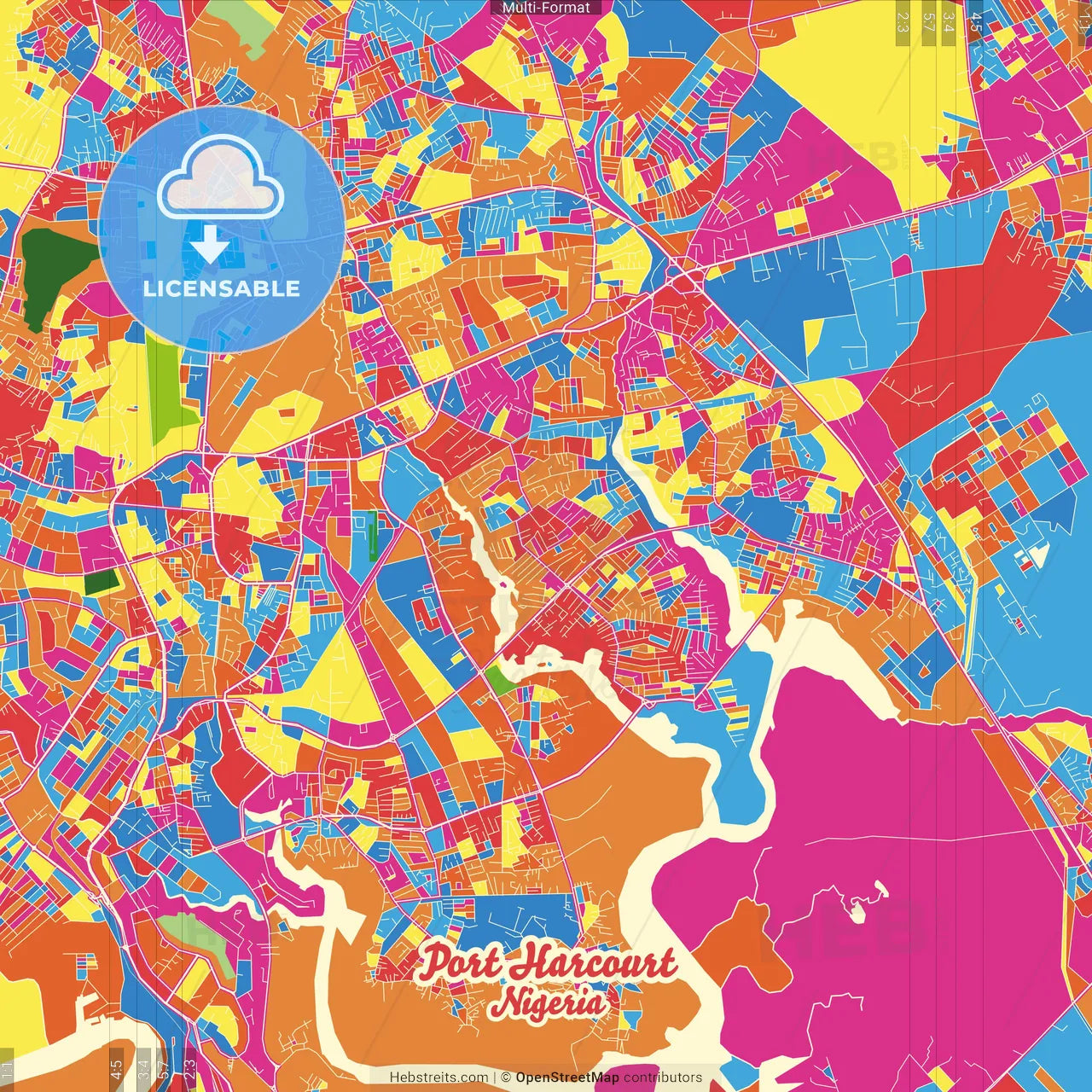 Port Harcourt, Nigeria Crazy Colorful Street Map Poster Template