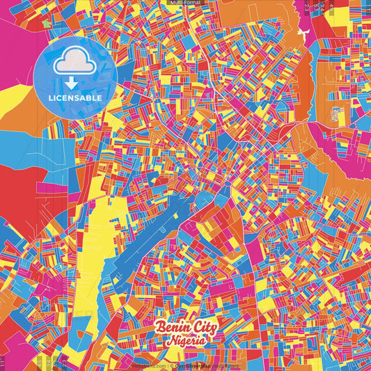 Benin City, Nigeria Crazy Colorful Street Map Poster Template