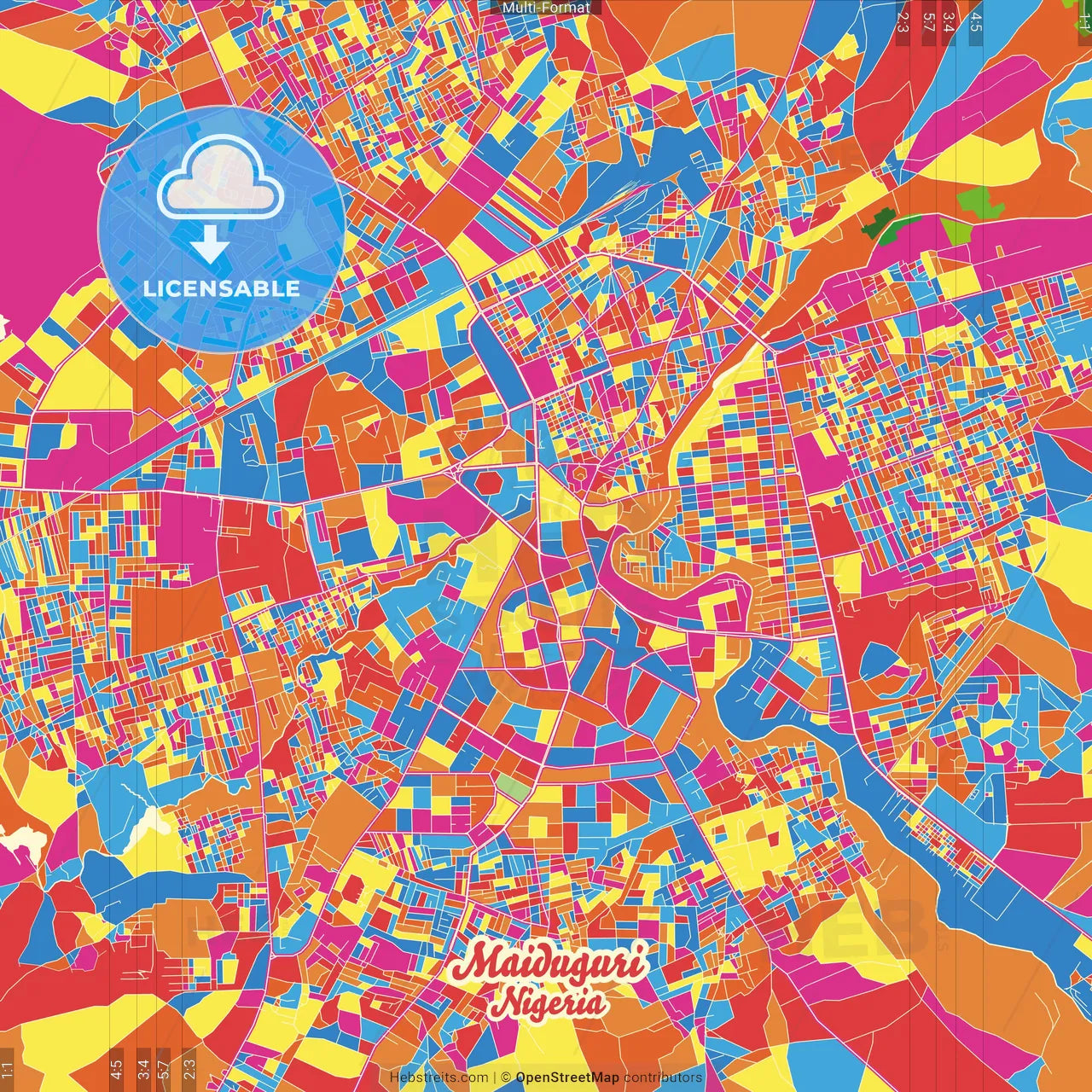 Maiduguri, Nigeria Crazy Colorful Street Map Poster Template