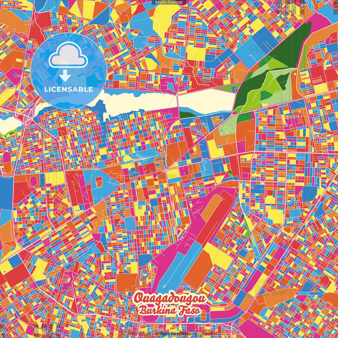 Ouagadougou, Burkina Faso Crazy Colorful Street Map Poster Template