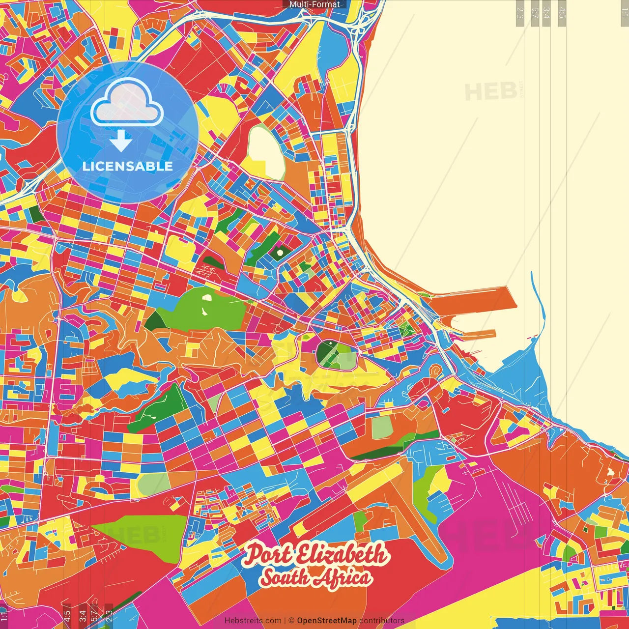 Port Elizabeth, South Africa Crazy Colorful Street Map Poster Template