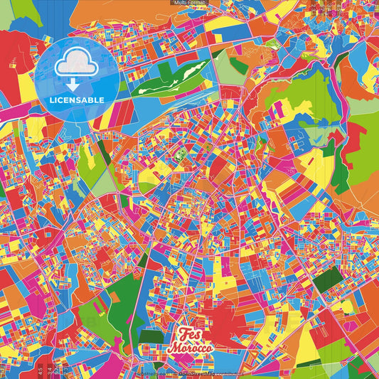 Fes, Morocco Crazy Colorful Street Map Poster Template