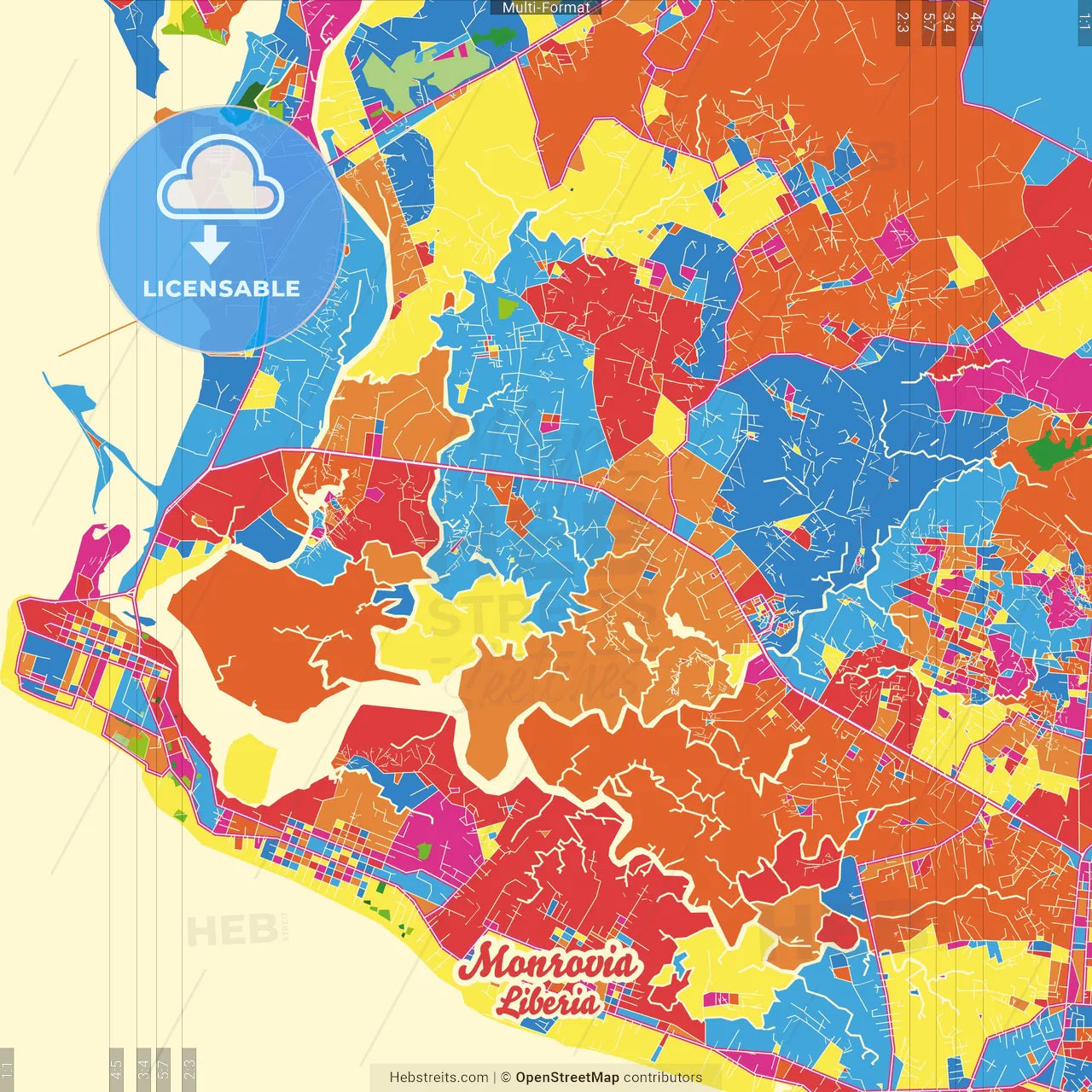 Monrovia, Liberia Crazy Colorful Street Map Poster Template