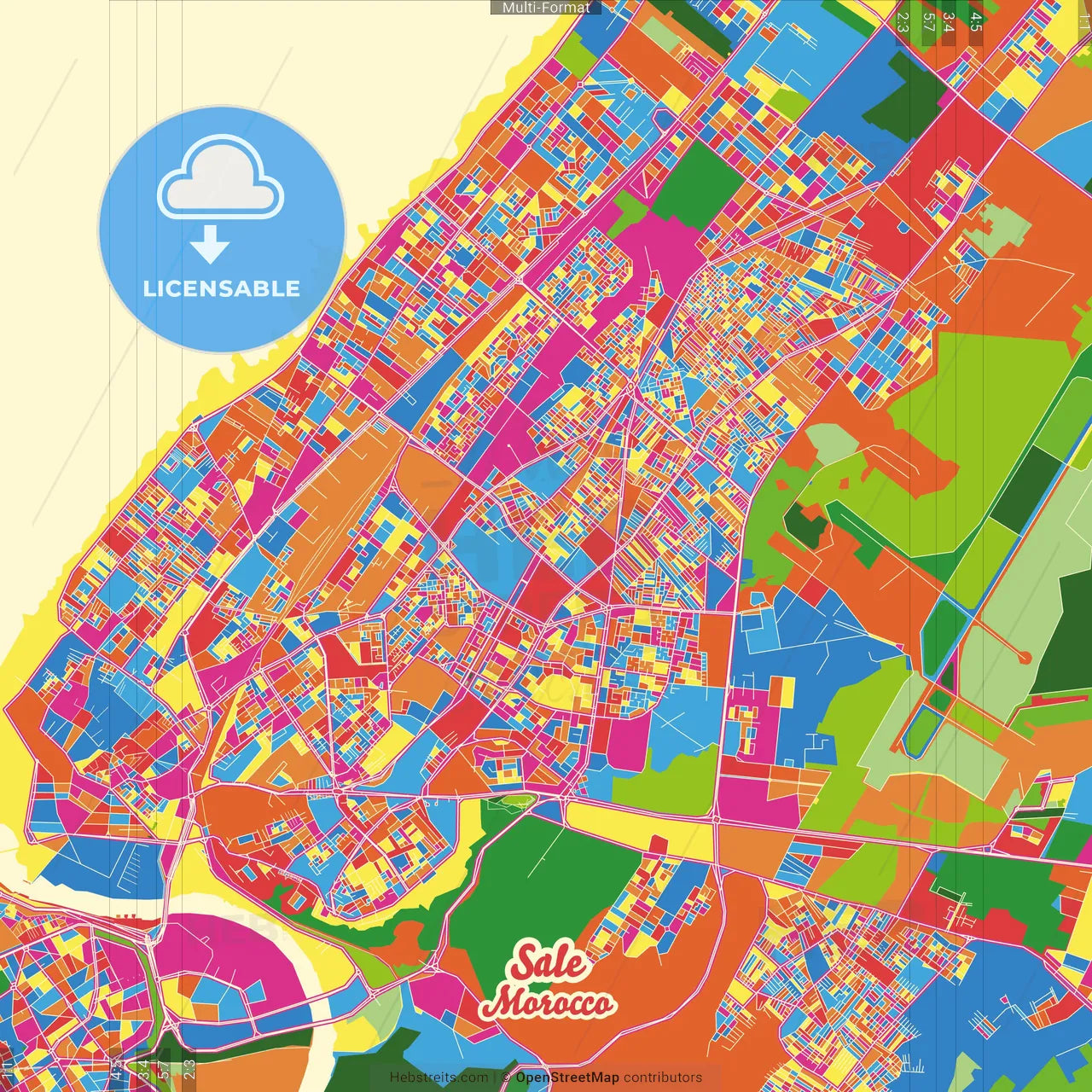 Sale, Morocco Crazy Colorful Street Map Poster Template