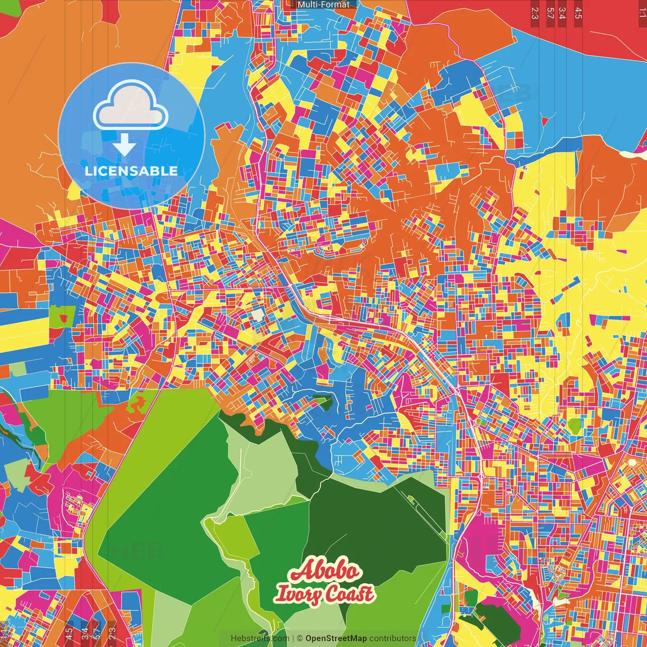 Abobo, Ivory Coast Crazy Colorful Street Map Poster Template