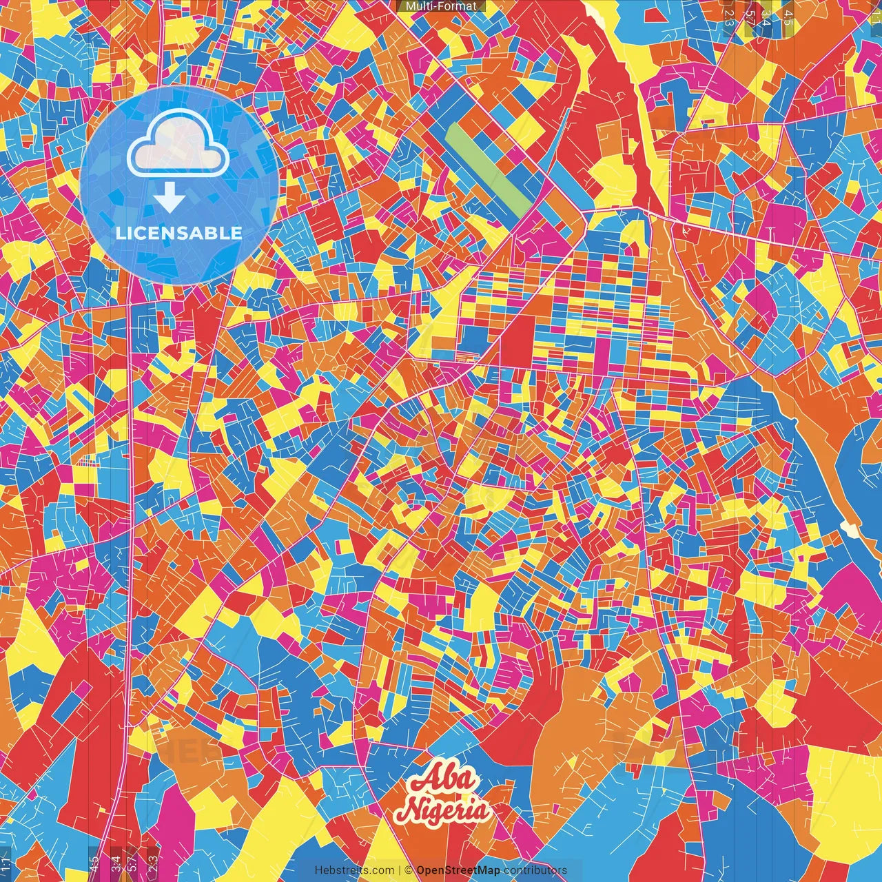 Aba, Nigeria Crazy Colorful Street Map Poster Template