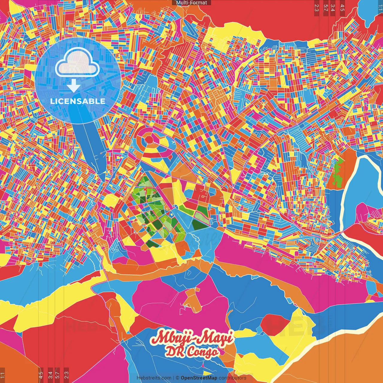 Mbuji-Mayi, DR Congo Crazy Colorful Street Map Poster Template