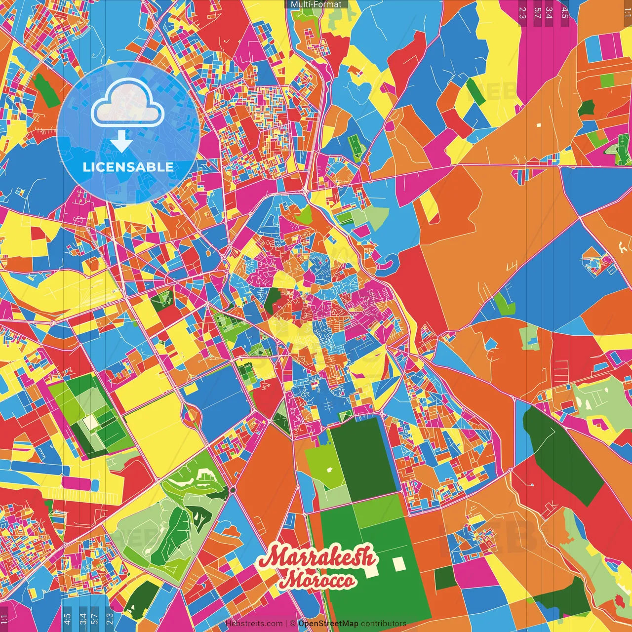 Marrakesh, Morocco Crazy Colorful Street Map Poster Template