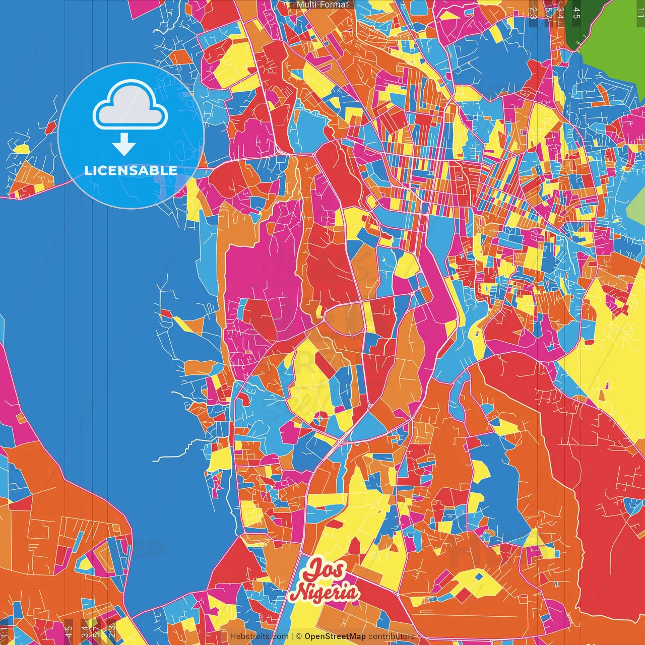 Jos, Nigeria Crazy Colorful Street Map Poster Template