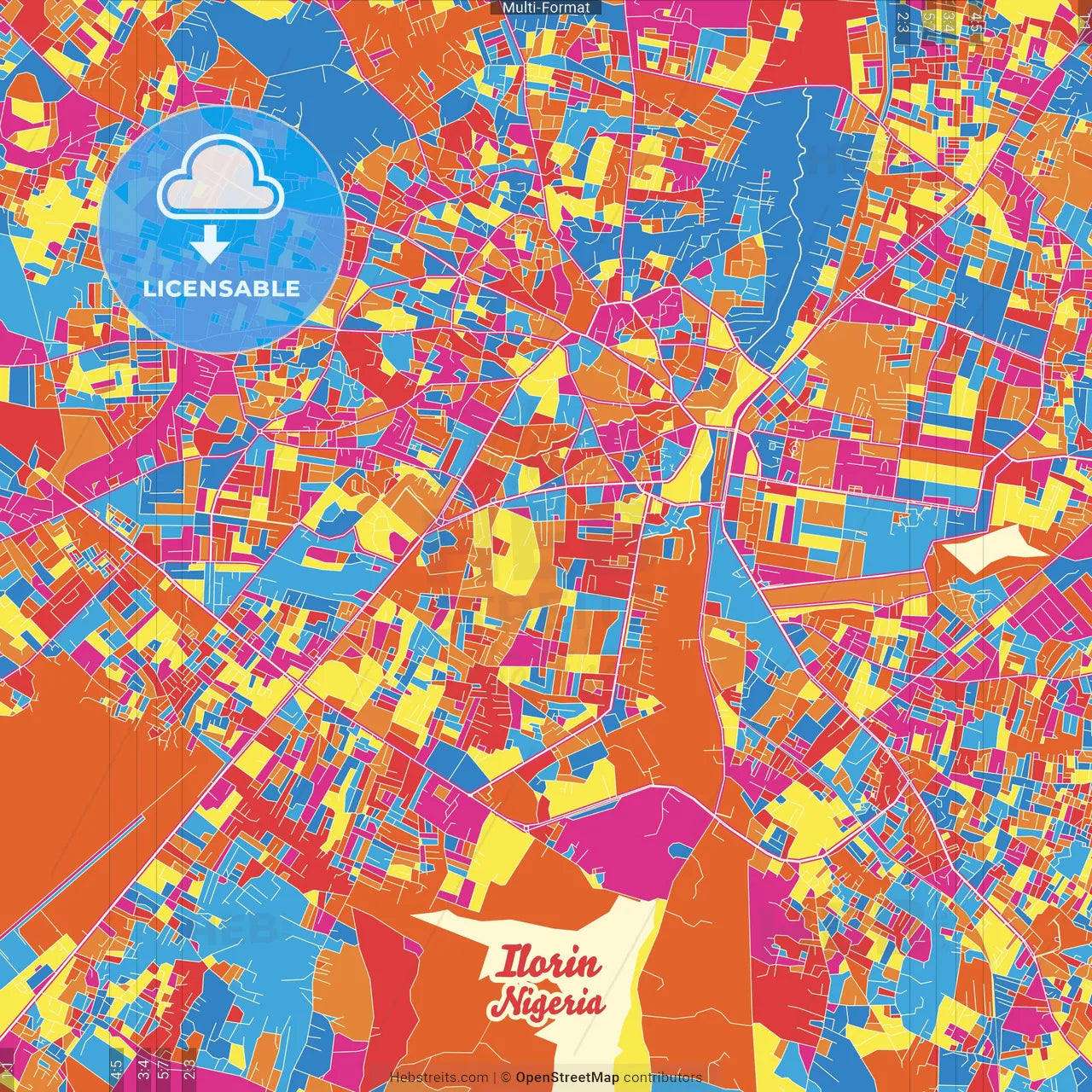 Ilorin, Nigeria Crazy Colorful Street Map Poster Template