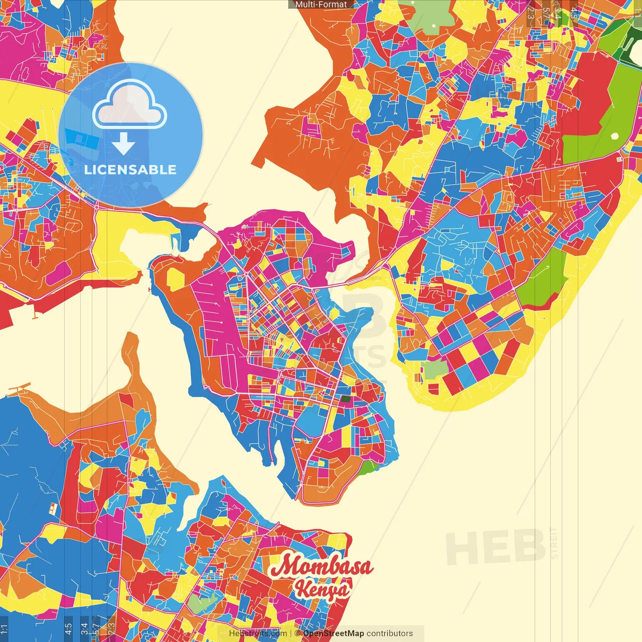 Mombasa, Kenya Crazy Colorful Street Map Poster Template
