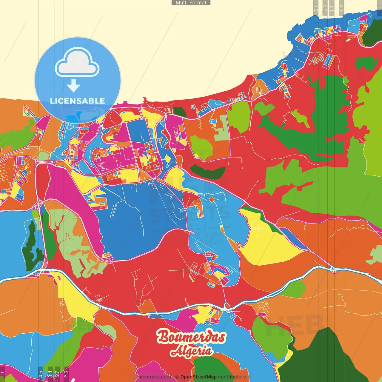 Boumerdas, Algeria Crazy Colorful Street Map Poster Template