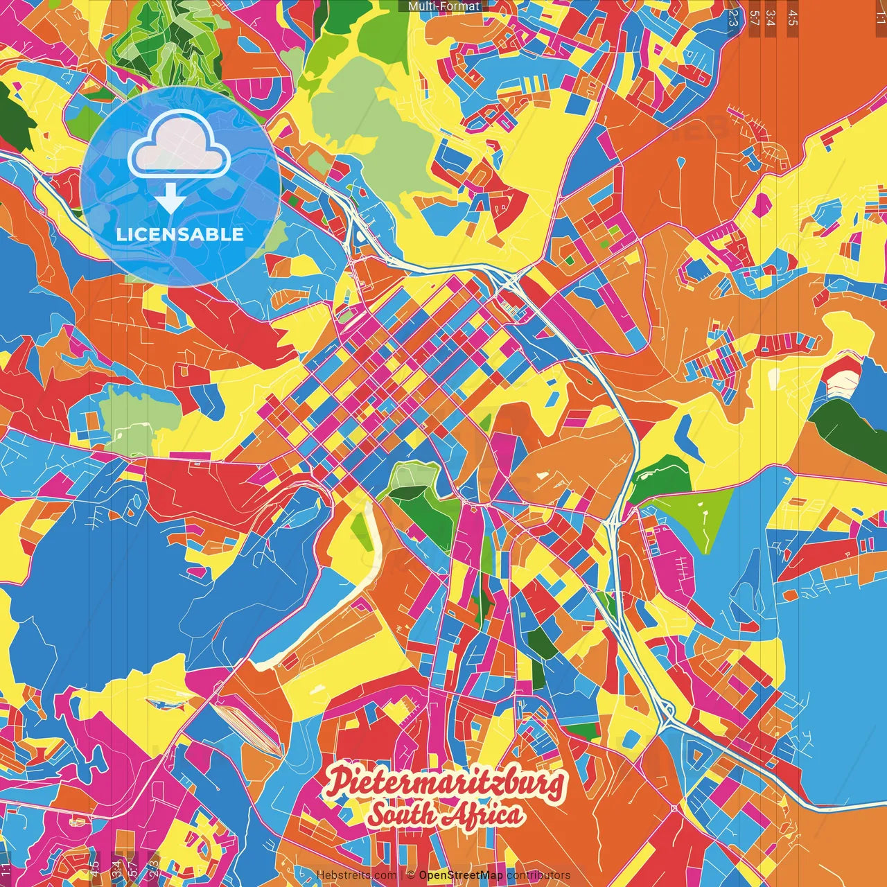 Pietermaritzburg, South Africa Crazy Colorful Street Map Poster Template