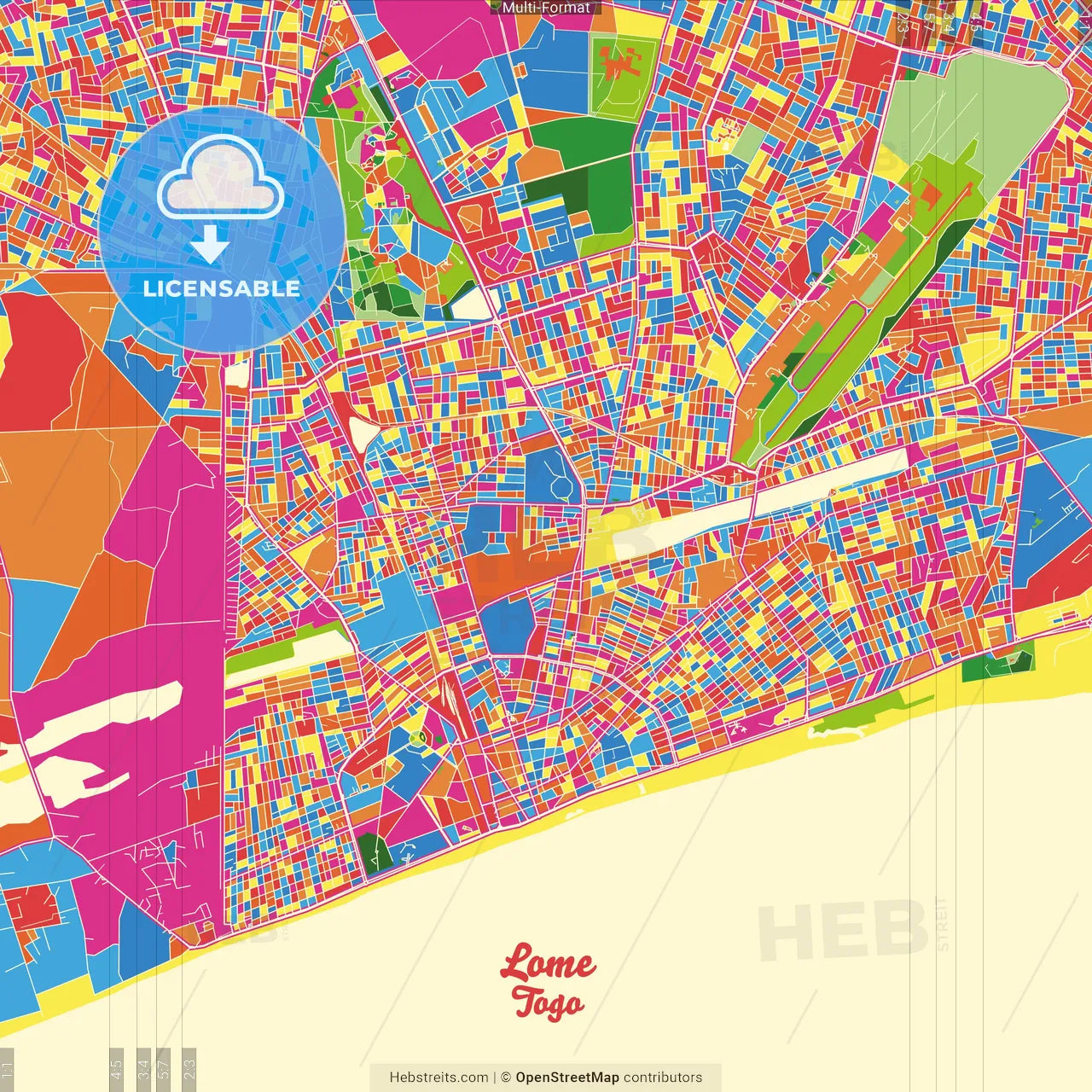 Lome, Togo Crazy Colorful Street Map Poster Template
