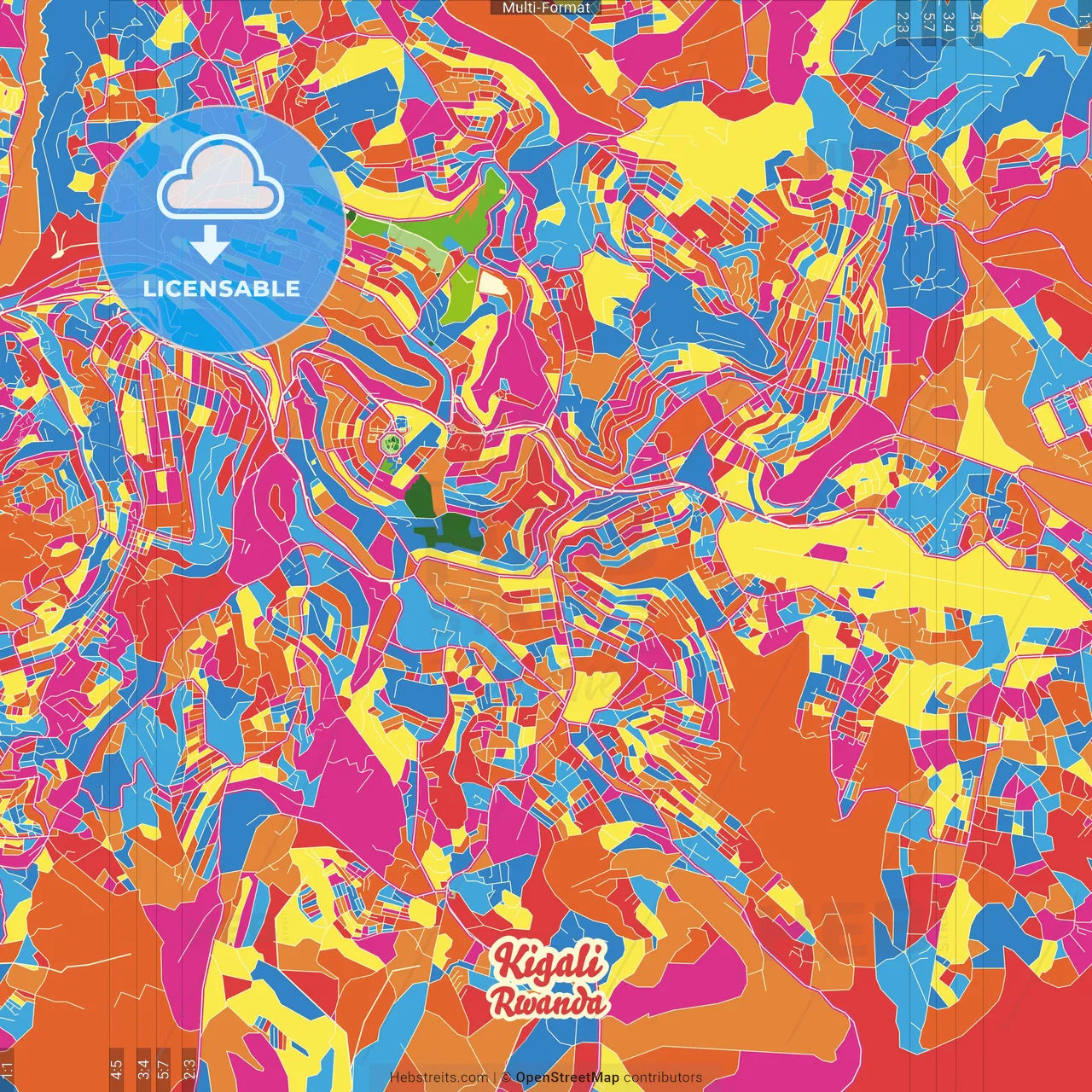 Kigali, Rwanda Crazy Colorful Street Map Poster Template