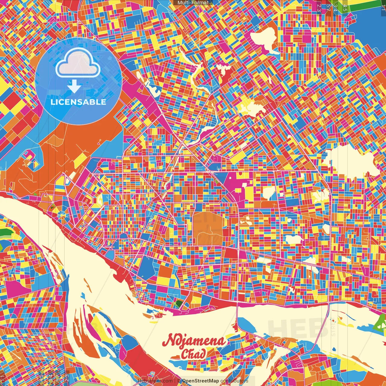 NDjamena, Chad Crazy Colorful Street Map Poster Template