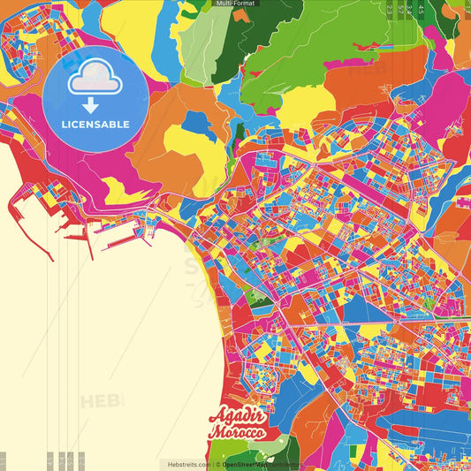 Agadir, Morocco Crazy Colorful Street Map Poster Template