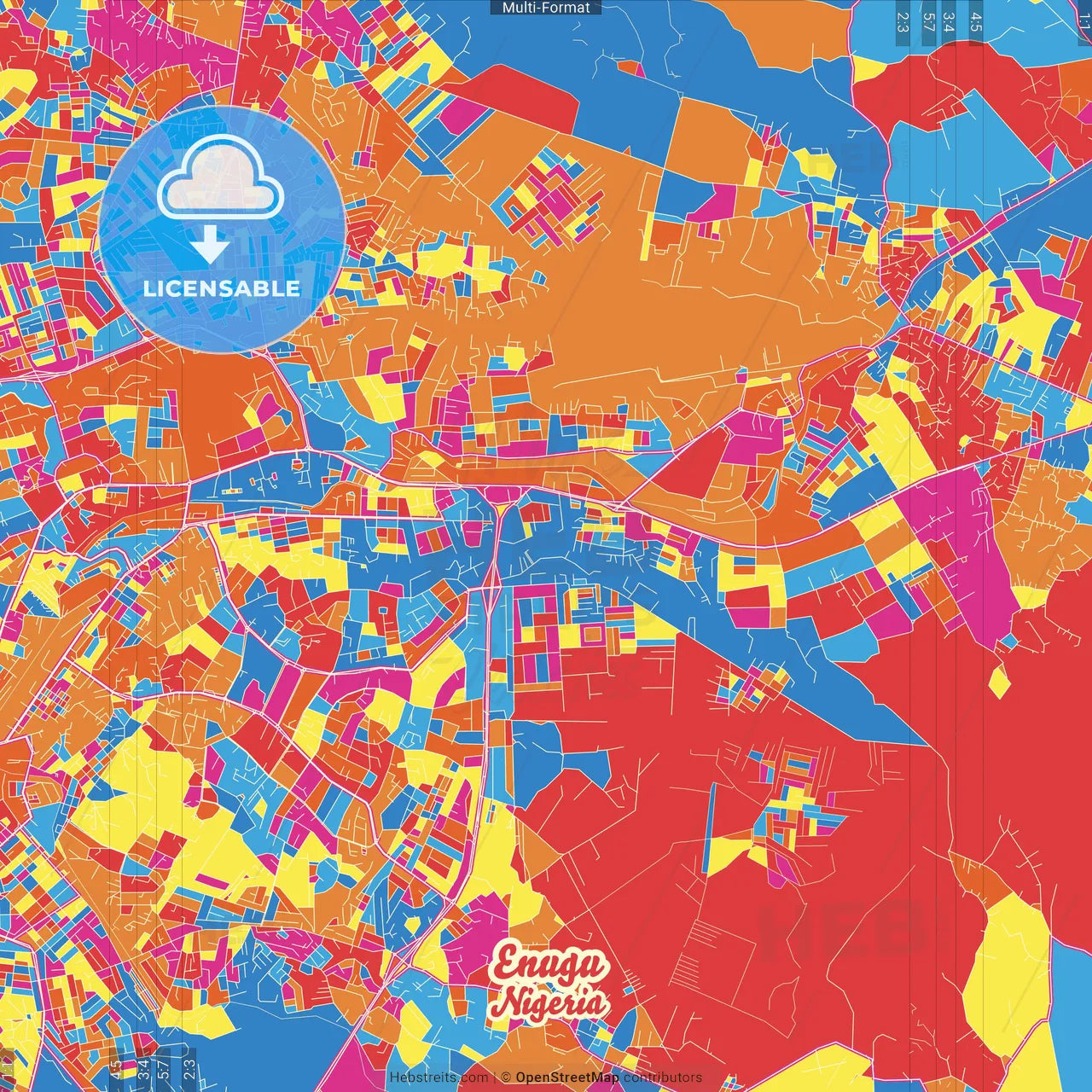 Enugu, Nigeria Crazy Colorful Street Map Poster Template