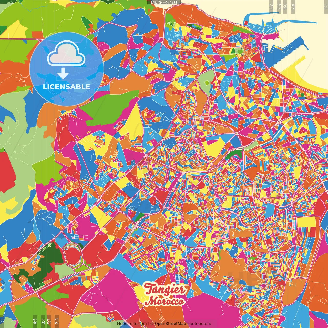 Tangier, Morocco Crazy Colorful Street Map Poster Template