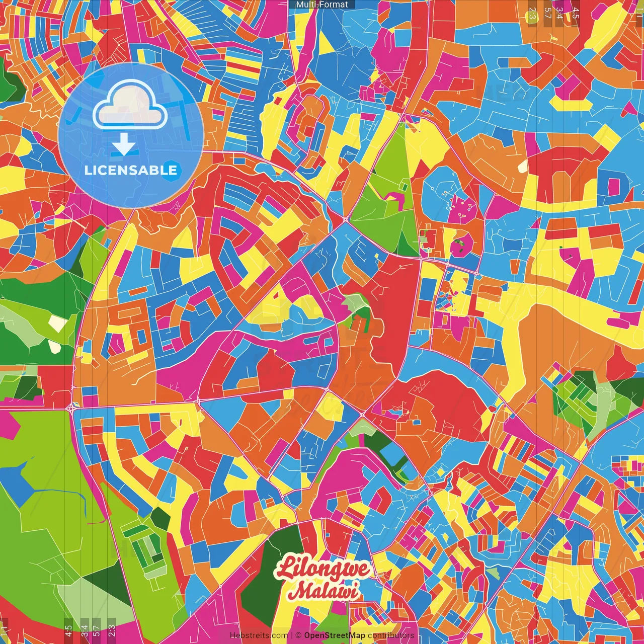 Lilongwe, Malawi Crazy Colorful Street Map Poster Template