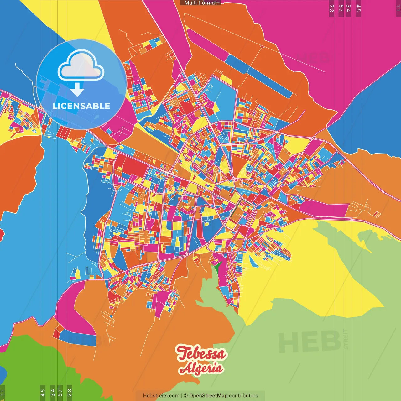 Tebessa, Algeria Crazy Colorful Street Map Poster Template