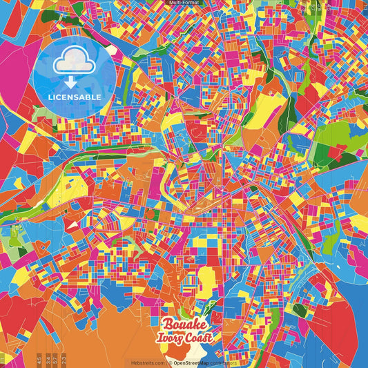 Bouake, Ivory Coast Crazy Colorful Street Map Poster Template