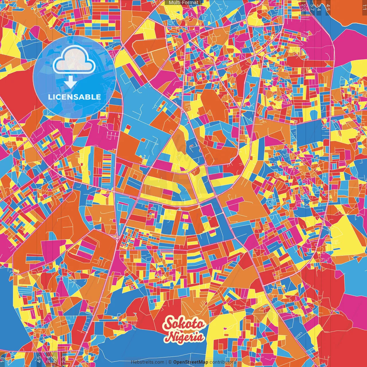 Sokoto, Nigeria Crazy Colorful Street Map Poster Template