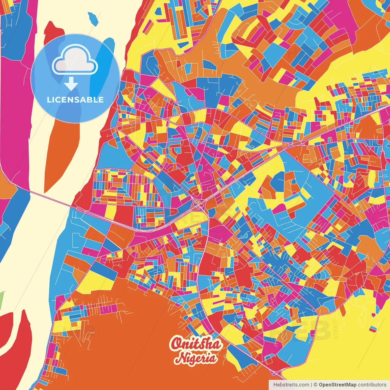 Onitsha, Nigeria Crazy Colorful Street Map Poster Template