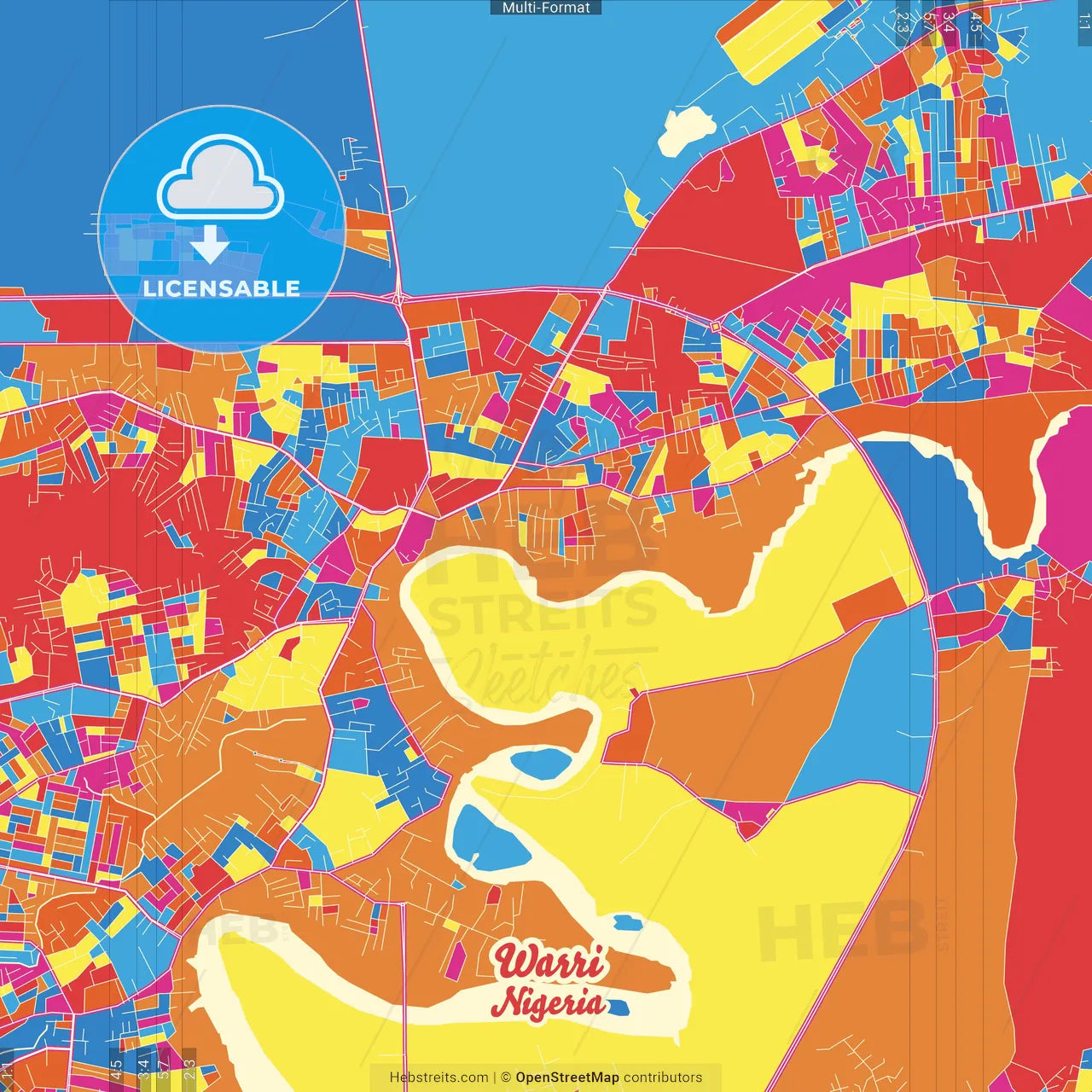 Warri, Nigeria Crazy Colorful Street Map Poster Template