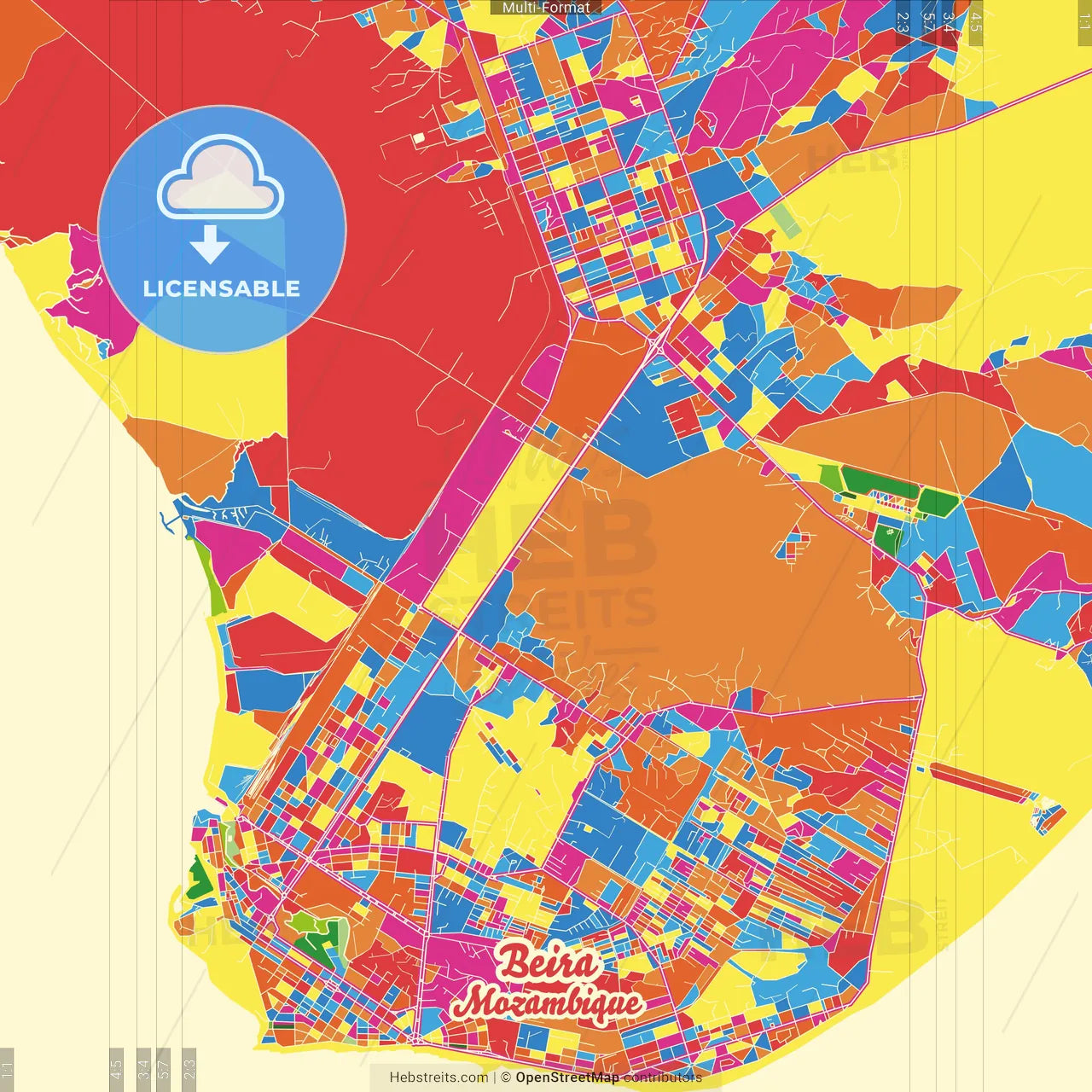 Beira, Mozambique Crazy Colorful Street Map Poster Template