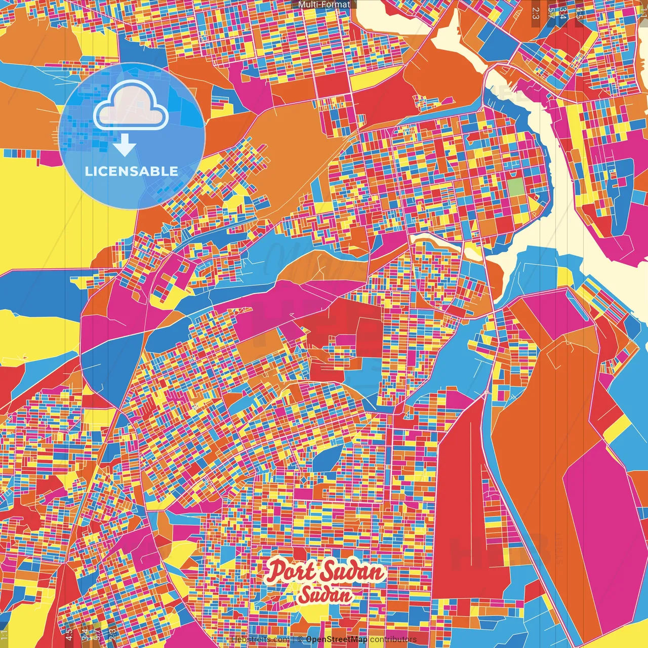 Port Sudan, Sudan Crazy Colorful Street Map Poster Template