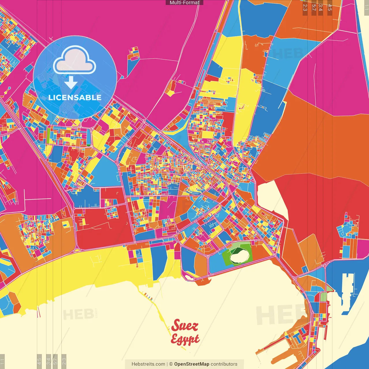Suez, Egypt Crazy Colorful Street Map Poster Template