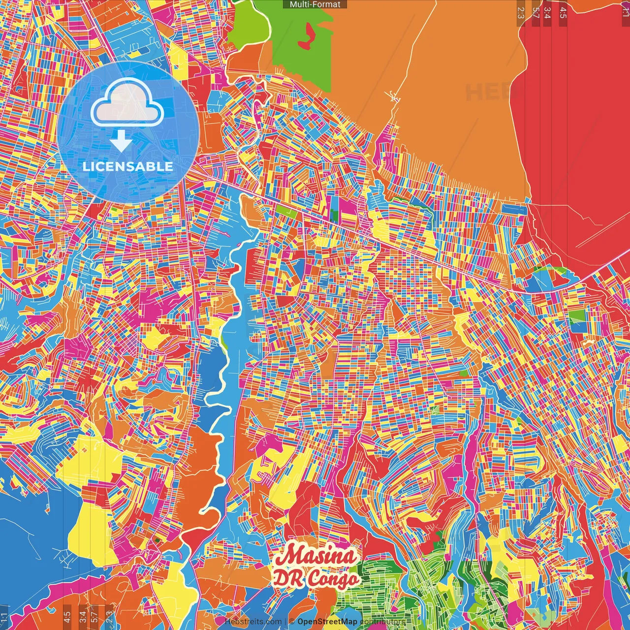 Masina, DR Congo Crazy Colorful Street Map Poster Template