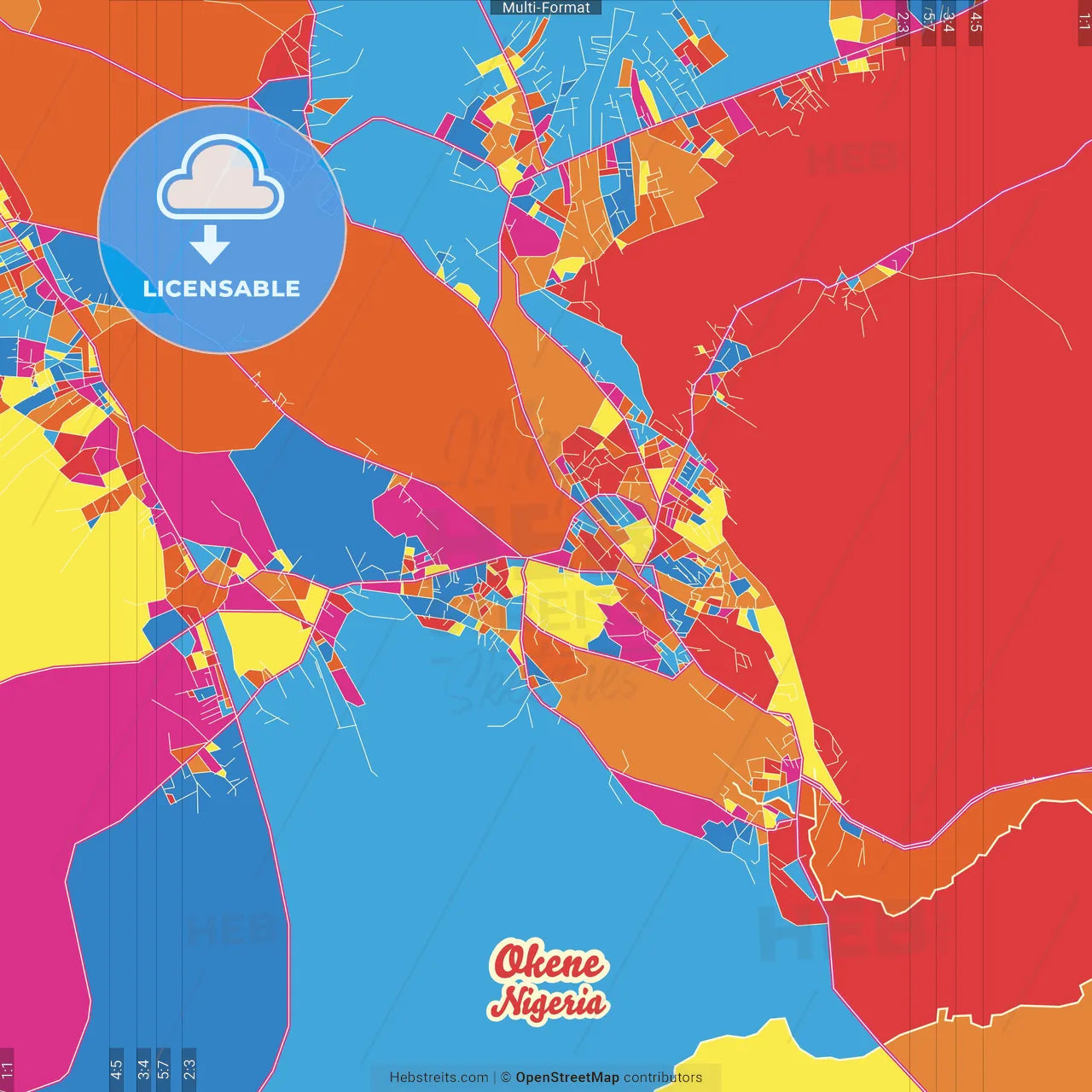 Okene, Nigeria Crazy Colorful Street Map Poster Template
