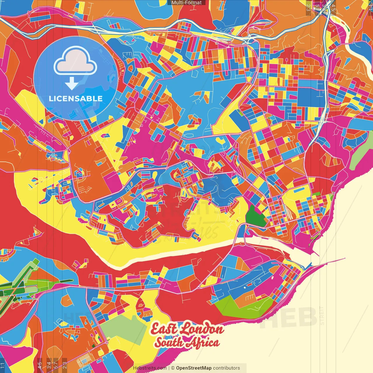 East London, South Africa Crazy Colorful Street Map Poster Template