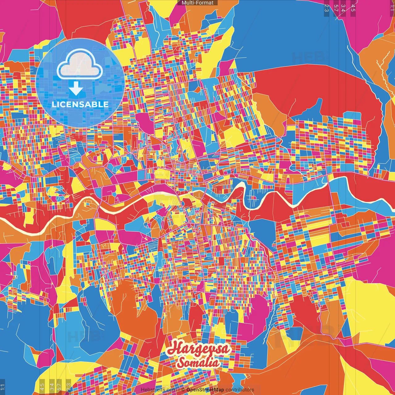 Hargeysa, Somalia Crazy Colorful Street Map Poster Template